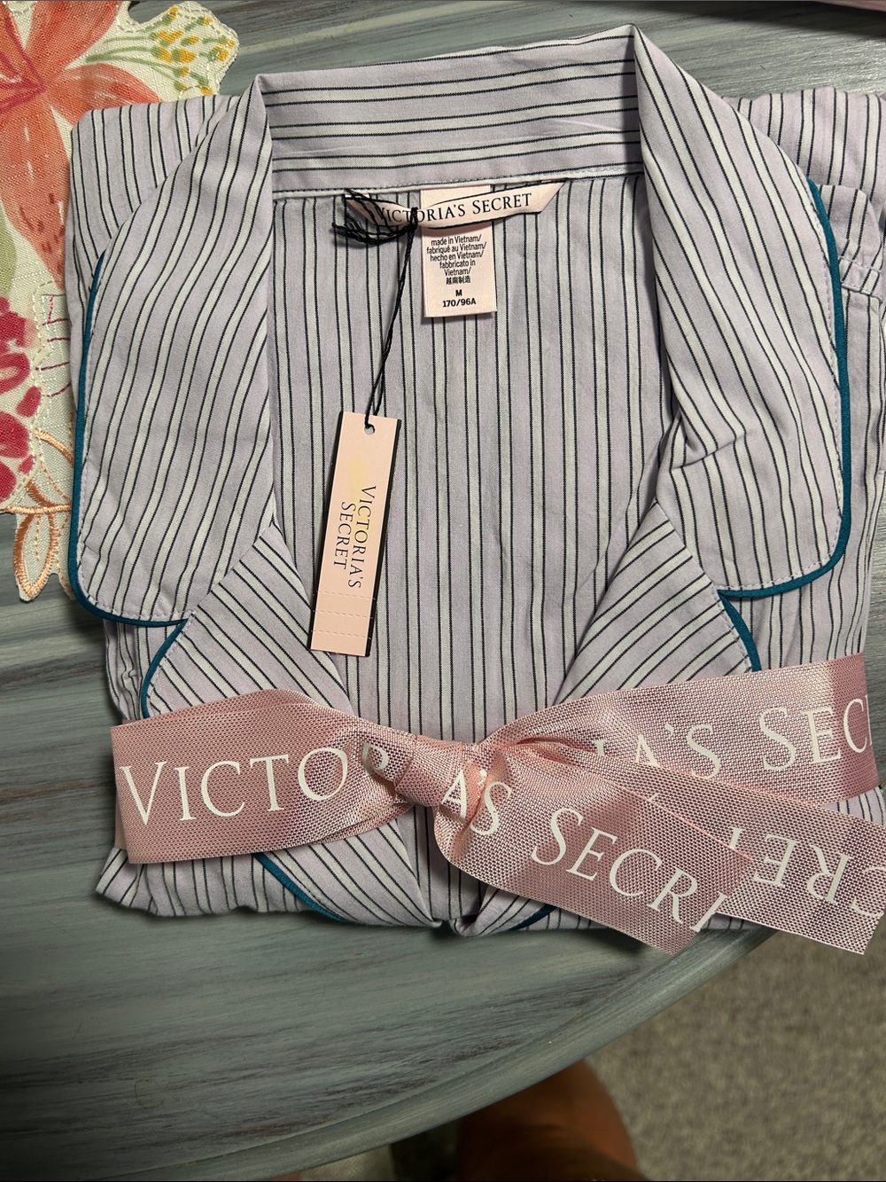 Victoria's Secret White Pinstripe Cotton Pajama Top with Teal Piping